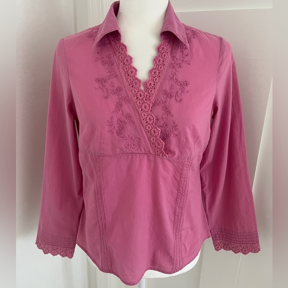 Garnet Hill Y2K Artist Blouse Sz 10P Pink Embroidered Floral Trim Long Sleeve*A2